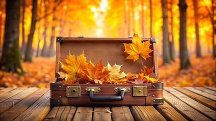 Open suitcase filled with leaves on wooden table on autumn background