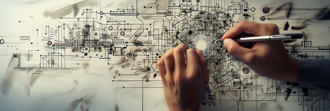 A pair of hands work meticulously to draw a complex mechanical diagram with a pencil, symbolizing creativity and precision in engineering.