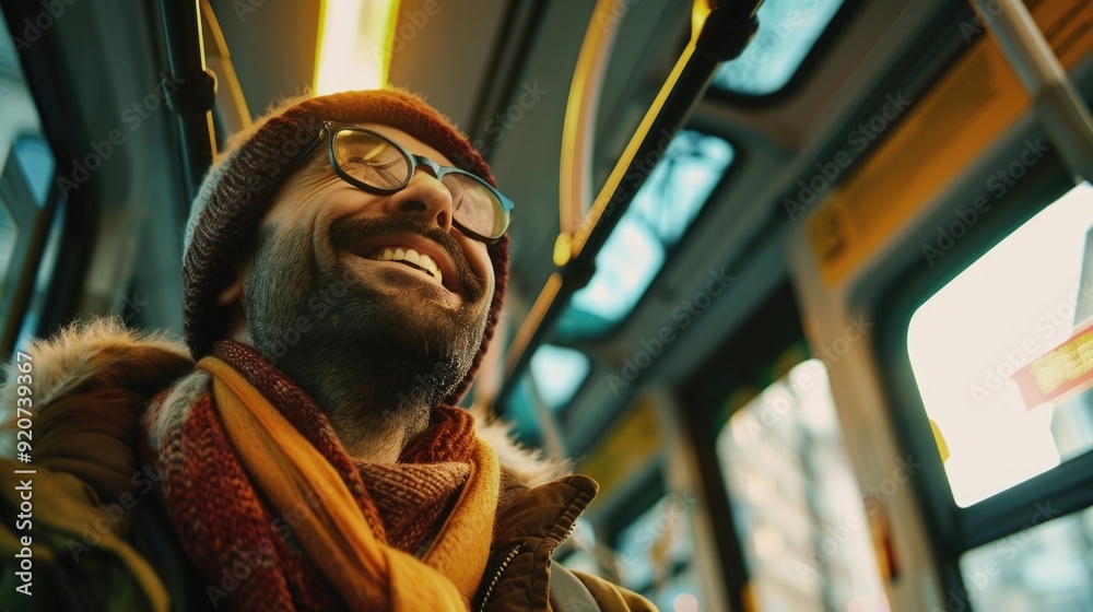 Wall mural A cheerful commuter riding a train, wearing glasses and a beanie. Happy public transportation passenger.