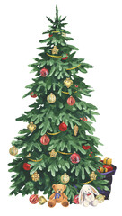 New Year's watercolor tree with gifts and soft toys on white background