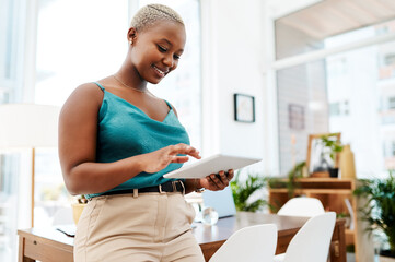 Web design, tablet and business black woman in office for planning, networking and project for...
