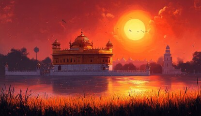 Serene vector depiction of Golden Temple in Amritsar with a peaceful wheat field, golden hues highlighting tranquility and calmness.