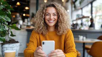 A curly-haired woman sits in a cozy cafe smiling at her phone, radiating happiness in the warmly lit environment, representing modern enjoyment and leisure time.
