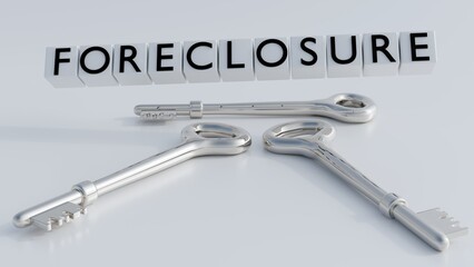 A 3D model incorporating the word 'FORECLOSURE' as text elements on cube shapes and keys. Metaphor for the complex issue of homeownership and financial hardship.