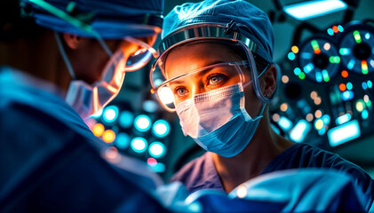 Surgical team in the operating room, talking against the background of medical equipment