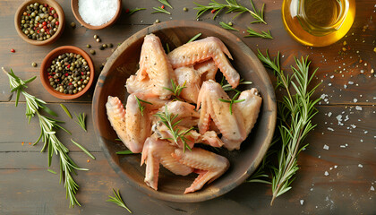 Flat lay composition with raw marinated chicken wings, rosemary and other products on wooden table