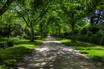 Obraz premium Tunnel-like Avenue of green Trees, Tree Footpath through Park in Spring. Beautiful simple AI generated image in 4K, unique.
