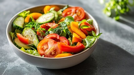 Fresh salad with juicy tomatoes, greens, and cucumbers in white