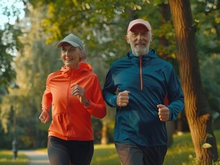 Fototapeta premium Seniors jogging together in a park setting, enjoying the outdoors and promoting healthy aging through physical activity.