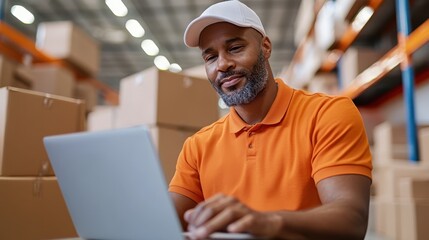 Obraz premium A warehouse worker in an orange shirt and white cap uses a laptop amidst boxes in a warehouse, showcasing focus on logistics, technology, and professionalism.