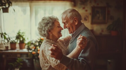 Elderly couple dancing together in a cozy living room their faces filled with love and joy symbolizing the happiness of shared moments