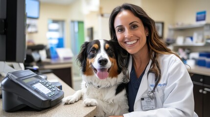 A female veterinarian smiling while holding a happy dog inside a veterinary clinic lobby, ready to assist pets with professional care and compassion.