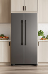 Photorealistic rendering of a gray refrigerator in the kitchen, with white walls, light wood cabinets, and black metal accents