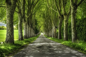 Naklejka premium Tunnel-like Avenue of green Trees, Tree Footpath through Park in Spring. Beautiful simple AI generated image in 4K, unique.