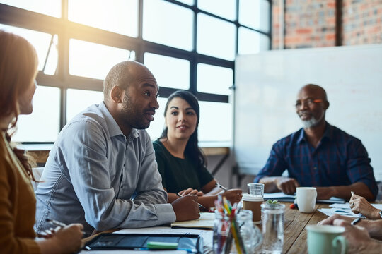 Meeting, creative and team of business people in office for crafting media release for brand management. Discussion, planning and group of public relations specialists working on client social image.