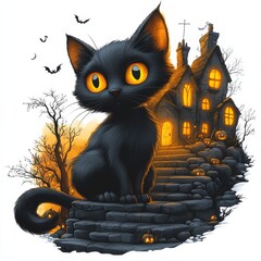 A black halloween cat sitting on the steps of a house. Generative AI