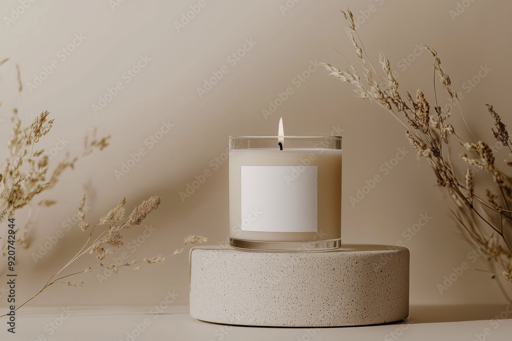 Wall mural lit candle in glass with blank white label on a table sunlight leaves shadows neutral background nat