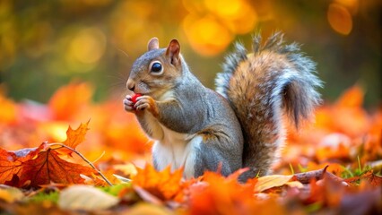 Obraz premium Squirrel sitting in the park and eating nuts, autumn season concept