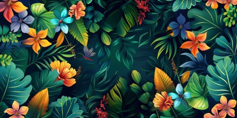 A beautifully lush and colorful tropical pattern that showcases diverse leaves alongside vibrant flowers