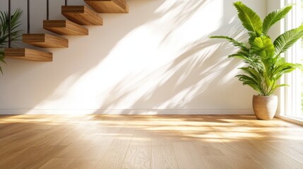 A minimalist room featuring a modern wooden staircase and a lush potted plant beautifully illuminated by sunlight, ideal for those valuing simplicity, elegance, and natural elements.