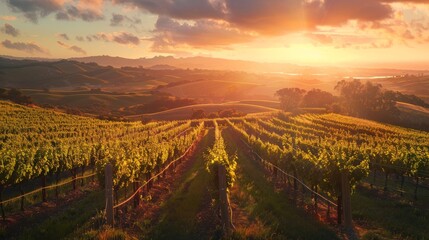 A serene vineyard at dusk, featuring neat rows of vines glowing under the setting sun, surrounded by rolling hills and an expansive sky painted with warm colors.