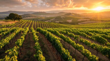 Expansive vineyard landscape bathed in golden light during sunset, with rows of green grapevines extending into rolling fields, capturing nature's serene beauty.