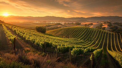 An idyllic vineyard scene at sunset with golden light streaming through the grapevines. Rolling hills and distant mountains complete this captivating landscape.