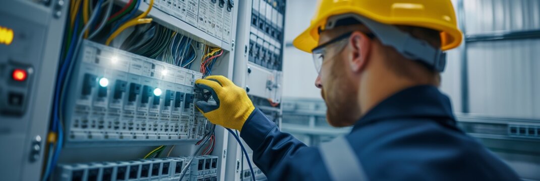 A worker in protective gear inspects an electrical panel for maintenance, ensuring proper connections and safety protocols are followed.
