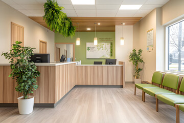 A veterinary clinic reception area with a welcoming design, featuring a wood-finished front desk, comfortable seating with green accents, indoor plants, and a clean, bright interior.