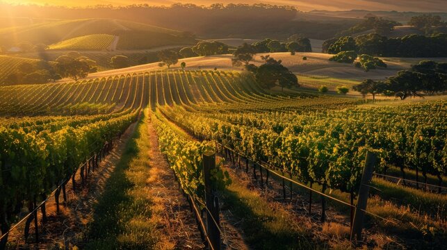 A sunny vineyard landscape with golden rows of grapevines stretching far into the distance, flanked by trees. The light creates a warm, inviting atmosphere.