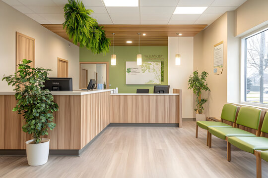 A veterinary clinic reception area with a welcoming design, featuring a wood-finished front desk, comfortable seating with green accents, indoor plants, and a clean, bright interior.