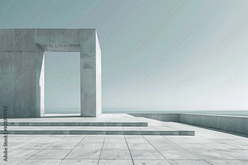 Poster Abstract minimalist structure overlooking a serene coastal terrace, with clean lines and open space, exemplifying modern and contemporary architectural design in a tranquil setting.