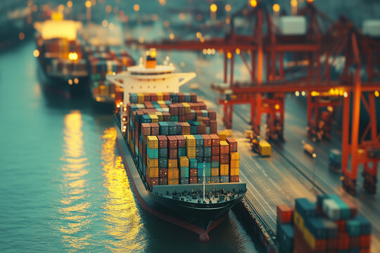 Aerial view of cargo ship with container box , Tilt shift style tanker captured.
