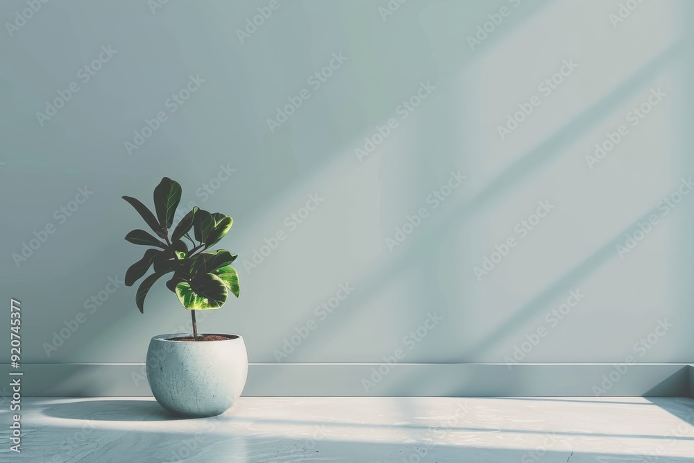 Poster this image features a single potted plant placed in a minimalist space, with soft shadows cast by na