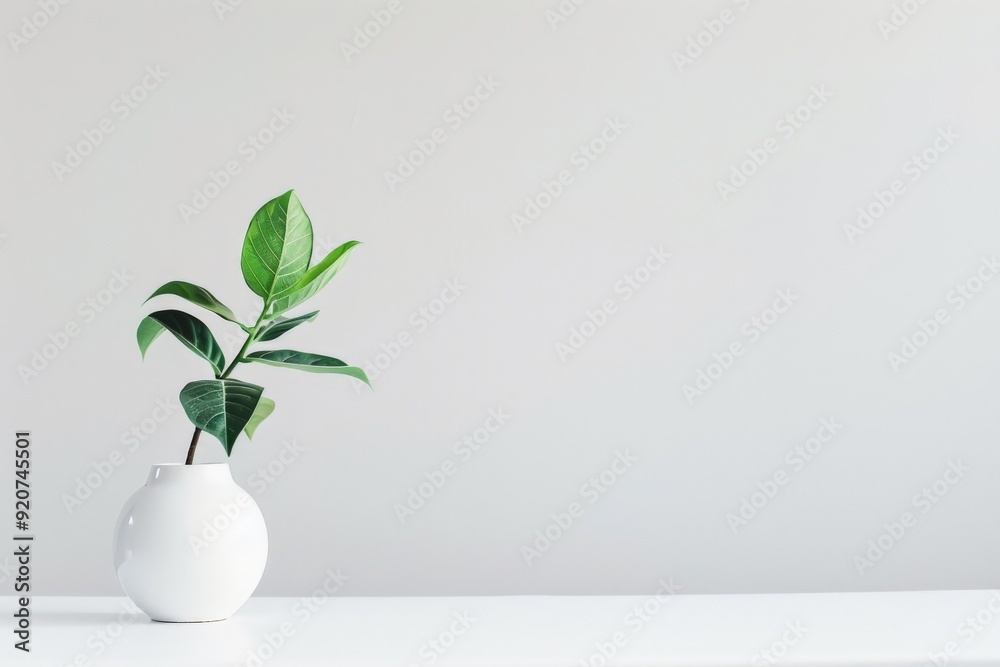 Poster a minimalist image featuring a small green plant in a white pot placed on a white surface against a 