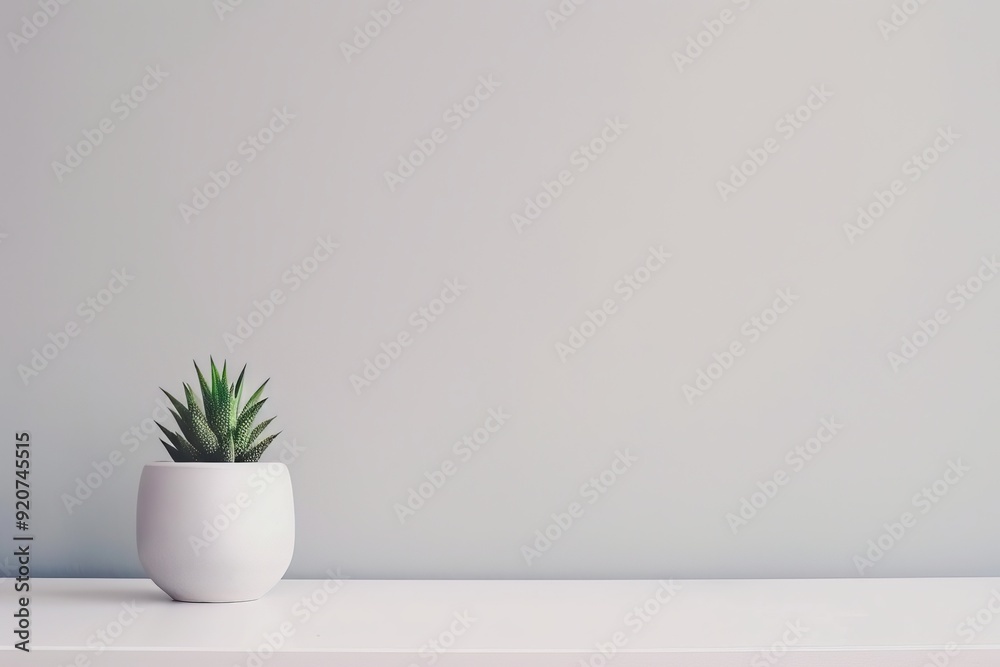 Poster a minimalist image showcasing a small cactus in a white pot, placed on a white surface with a neutra