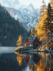 Obraz premium Alpine countryside house with mountains, forest, and serene lake in a classical painting atmosphere