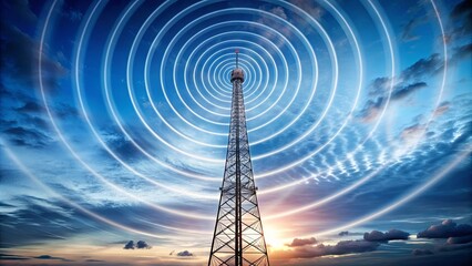 Radio waves emitting from a transmitter mast , broadcasting, communication, technology, signal, frequency, antenna