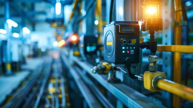 Photoelectric Sensor for distance detection in machine factory. Photo sensor installed in industrial machine. Industrial and Technology concept.