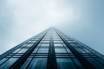 Fototapeta premium An upward view of a glass skyscraper fading into a cloudy sky. The perspective highlights the building's height and modern architectural design, representing ambition and achievement.