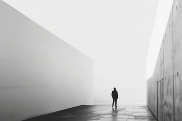 Fototapeta premium Image shows a lonely person walking down an empty urban alleyway, symbolizing solitude, isolation, and contemplation within a stark, minimalist architectural setting.