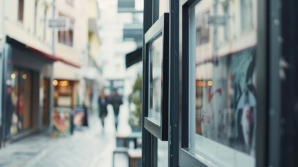 Obraz premium Busy urban street scene with blurred storefronts and pedestrians walking on the sidewalk.