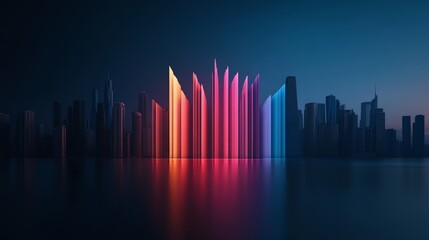 Colorful fireworks display, over a futuristic city skyline, vibrant holographic light show