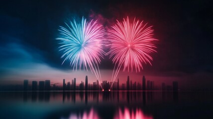 Colorful fireworks display, over a futuristic city skyline, vibrant holographic light show