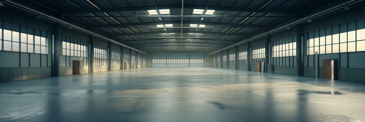 A vast empty warehouse interior with abundant natural lighting from large windows, ready for industrial or commercial use.