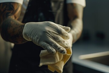 A pair of gloved hands, covered in tattoos, carefully handles a cleaning cloth in a well-maintained workspace, emphasizing cleanliness and precision.