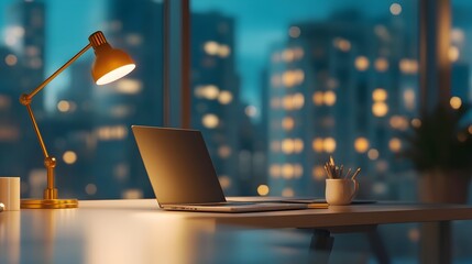Cozy Home Office Setup with Laptop,Lamp and Minimalist Decor