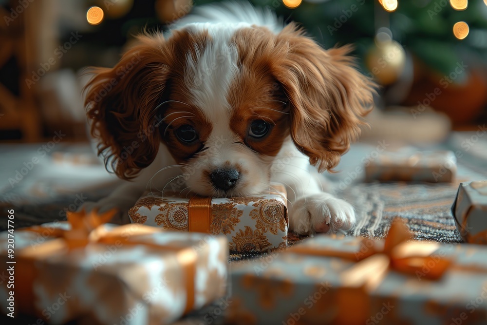 Poster A Cute Puppy Playing With Christmas Presents