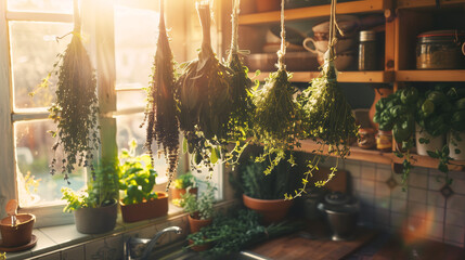 an herb drying setup, featuring bundles of oregano, thyme, and sage hanging from twine in a sunlit kitchen nook