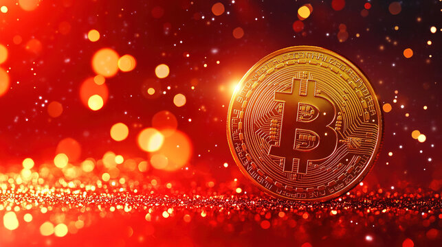 Golden bitcoin on red background with shining surface and glittering effect, surrounded by animated explosion of digital particles, creating dynamic light effect